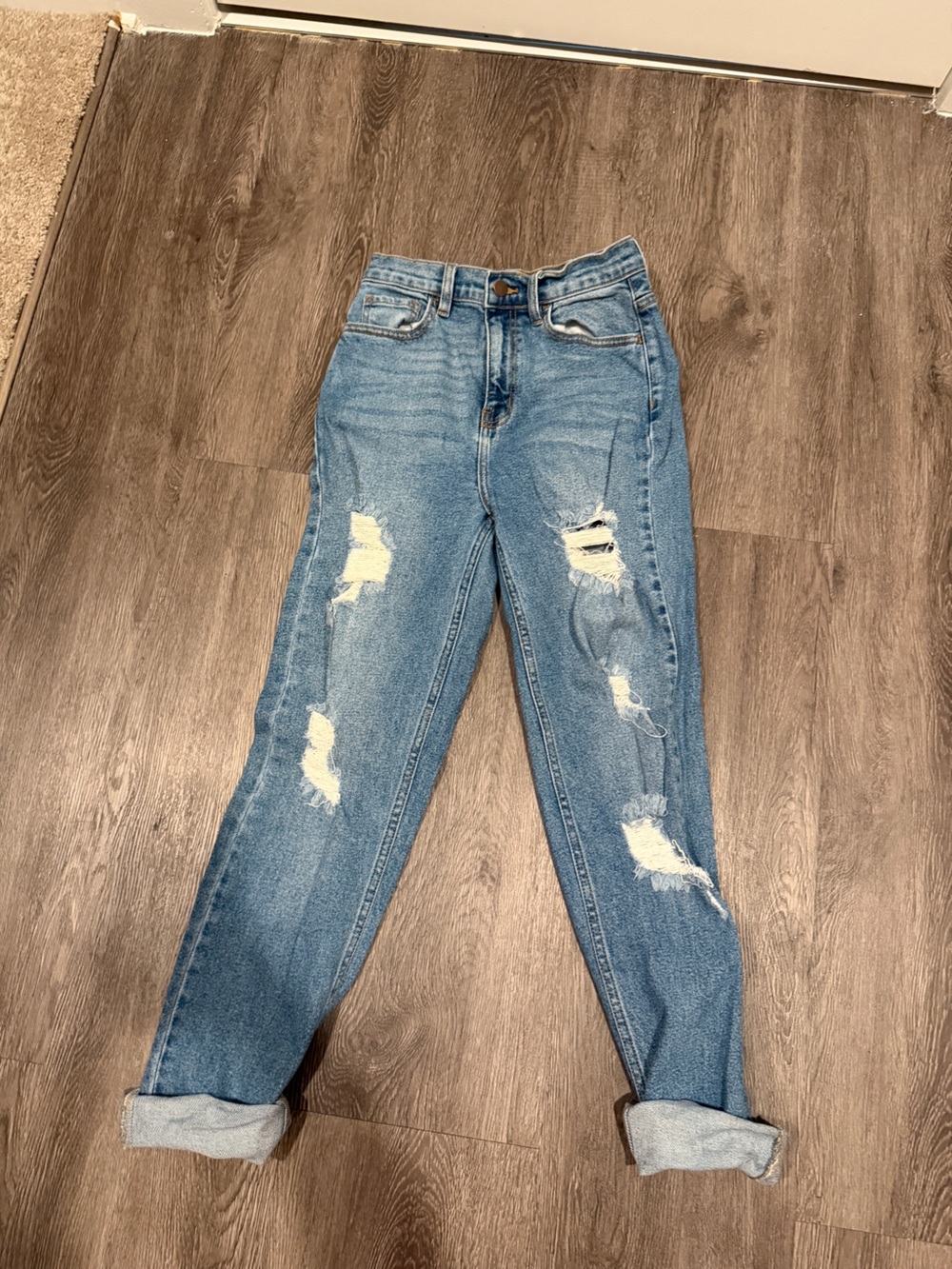 Fashion Nova Light Blue Distressed High-Rise Jeans